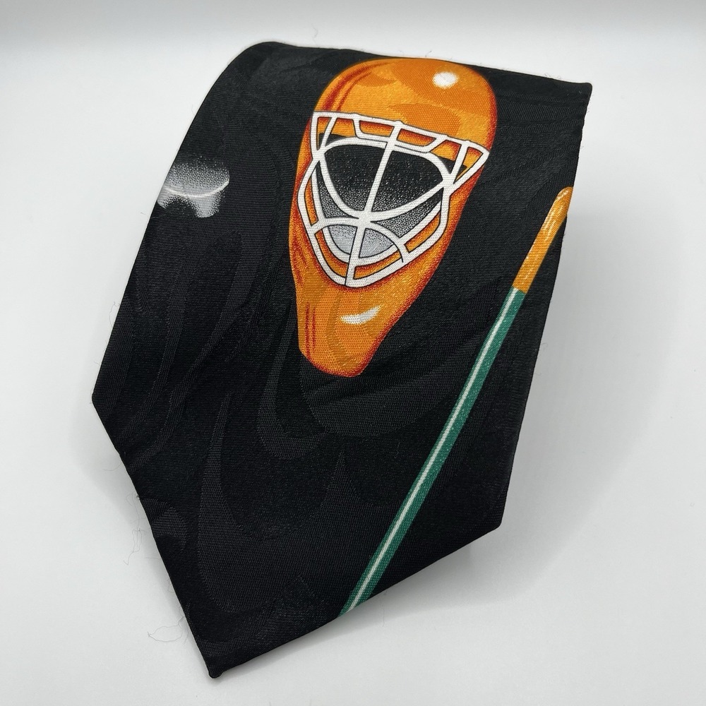 Vtg Fratello Men's Hand Made Necktie Hockey Mask Stick Black/Multicolored